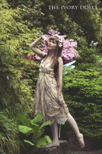 Midsummer Faery Dress in cream colourway and Midsummer Faery Gloves in cream colourway by The Ivory Dolls. Flower Crown and Wings by Under The Ivy. Modelled by Jess Louise. Makeup by Victoria Thomas. Photography by DanniellaJaine.