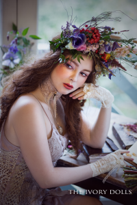 Key to My Heart Choker and Lady Lace Gloves by The Ivory Dolls. Dress by RawRags. Modelled by Aleksandra Girskaya. Floristry by Jasper+Quinn. Hair by Honeystone Hair. Makeup by Elouise Abbott. Photography by DannielleJaine.