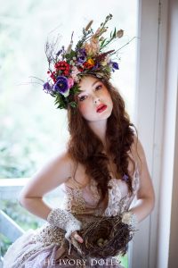 Key to My Heart Choker and Shortcut to the Stars Handwarmers by The Ivory Dolls. Dress by RawRags. Modelled by Aleksandra Girskaya. Floristry by Jasper+Quinn. Hair by Honeystone Hair. Makeup by Elouise Abbott. Photography by DannielleJaine.